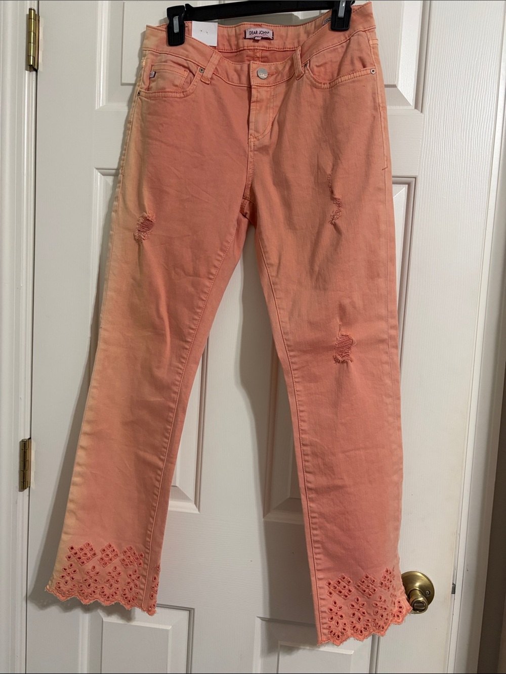 NWT Dear John Peach Eyelet Scallop Hem Distressed Sun Washed Ankle Jeans